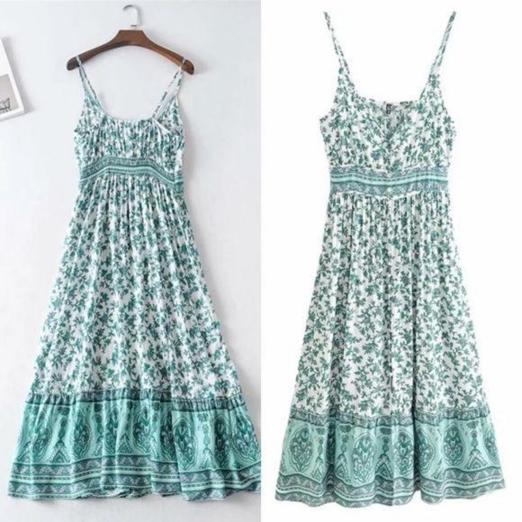 Boho Gypsy Floral Print Maxi Dress Turquoise Blue - Picture 5 of 7